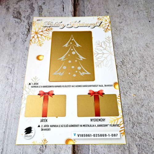 Boldog Karácsonyt valósághű prémium 2 oldalas egyedi ötletes kreatív kaparós sorsjegy ajándék