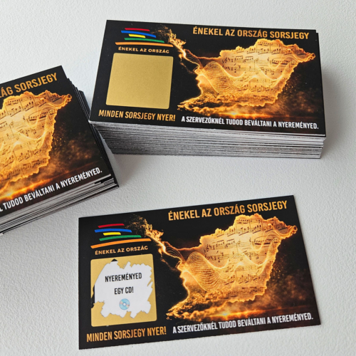 Énekel az Ország 2026 projekt számára készült egyedi grafikájú kaparós sorsjegy arany kaparófelülettel – Egyedikaparós rendezvény referencia