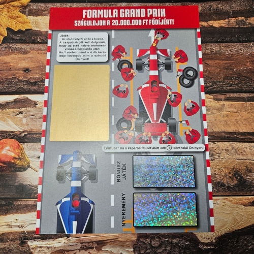 Grand Prix F1 - autóverseny témájú egyedi kaparós sorsjegy ajándék