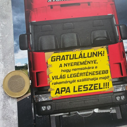 Kamionos Futár árúszállító egyedi kaparós sorsjegy ajándék arany lekaparva