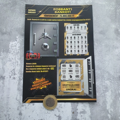 Robbants bankot! Páncélszekrény témájú egyedi kaparós sorsjegy | kreatív és ötletes ajándék minden alkalomra