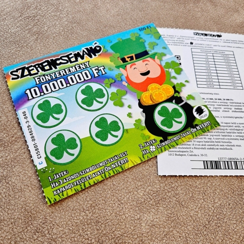 Szerencsemanó valósághű egyedi kaparós sorsjegy ajándék - 2 oldalas kicsi nyeremény résszel