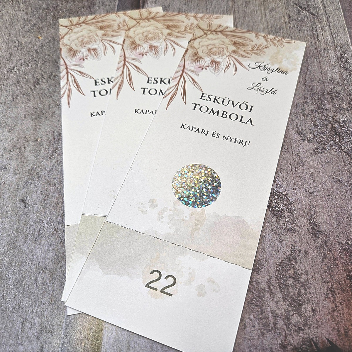 Tombola, kupon szelvények esküvői játékhoz kaparós felülettel